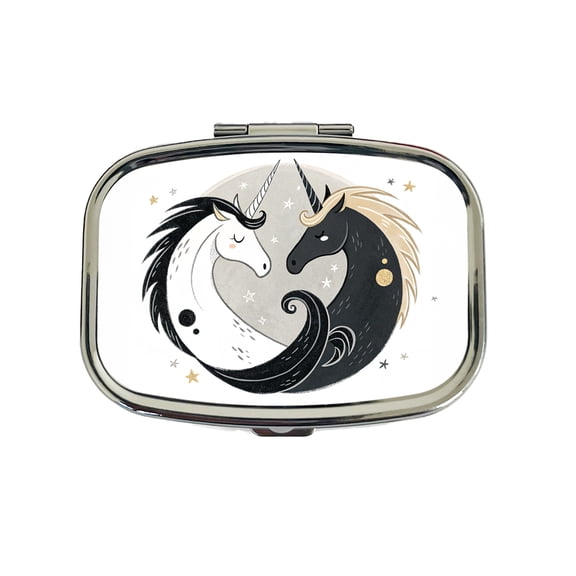 Two Unicorns Yin Yang Black White Small Travel Handbag Pill Box Case