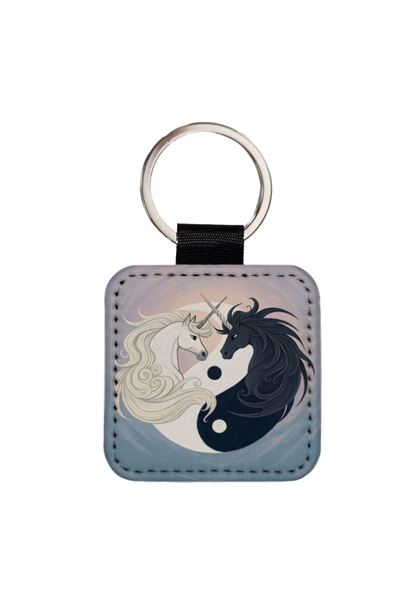 Two Unicorns Yin Yang Faux Leather Square Keychain
