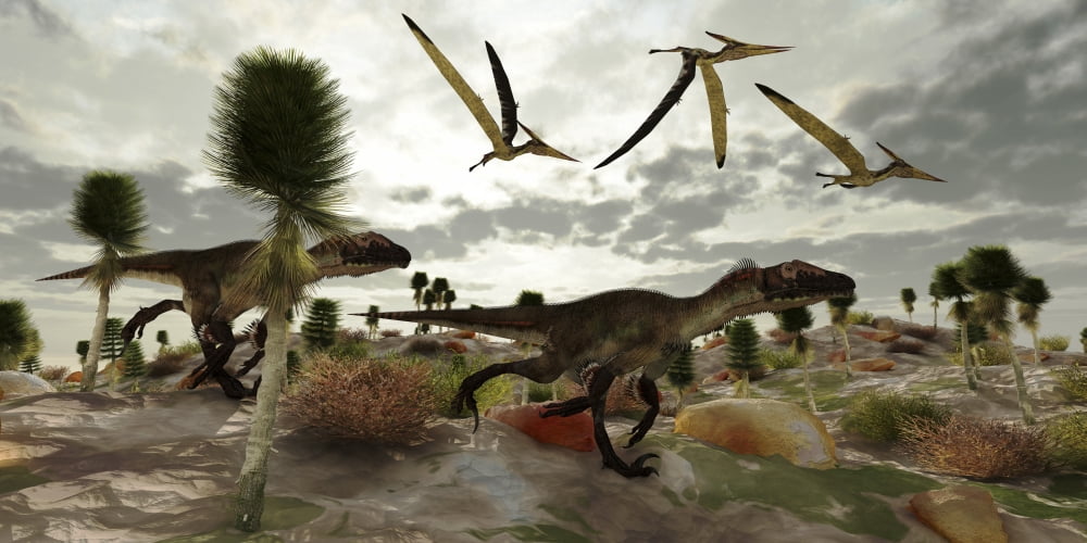 Two Utahraptors hunt for prey as pterosaurs fly above Canvas Art - Corey FordStocktrek Images (40 x 20)