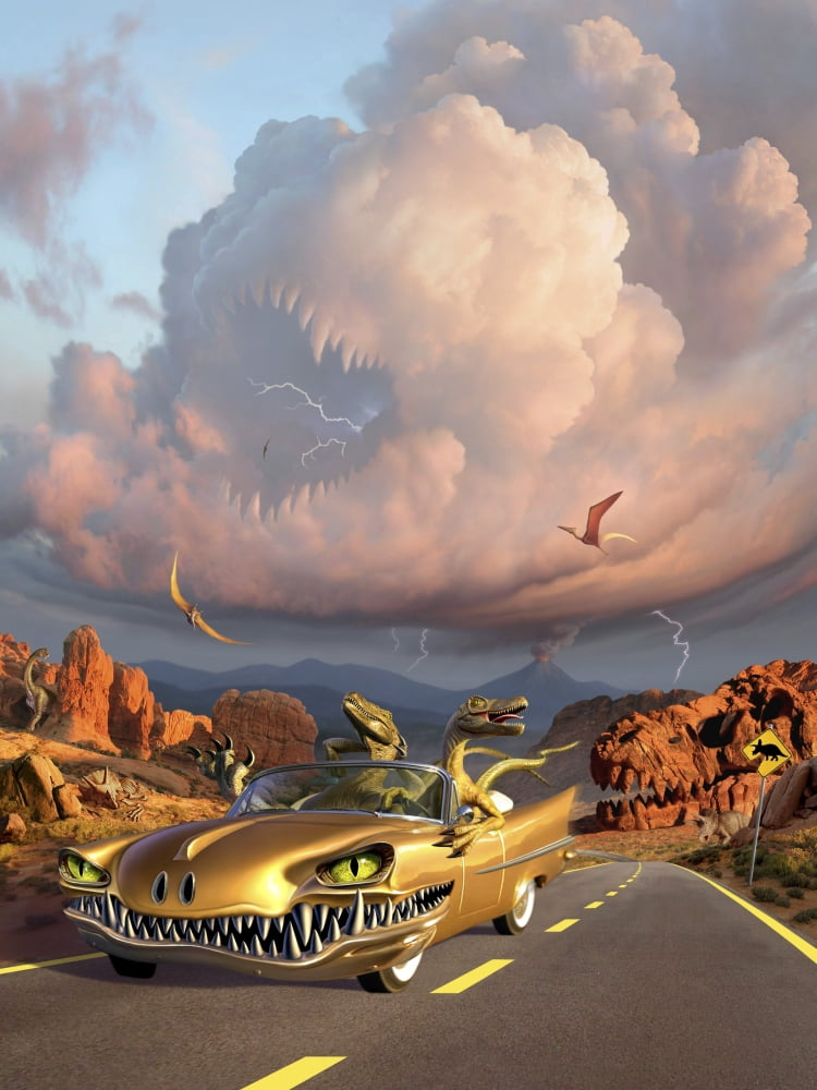 Two Velociraptors in their scary car cruise a prehistoric landscape Canvas Art - Jerry LoFaroStocktrek Images (24 x 32)