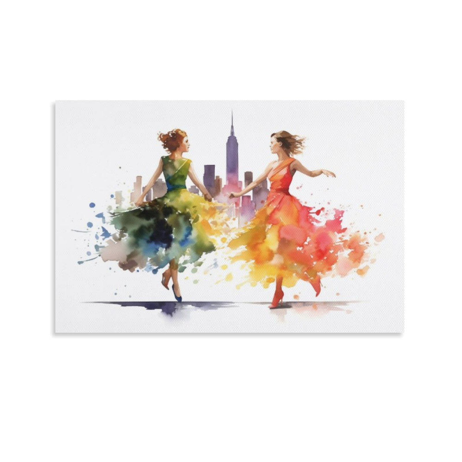 Two Vibrant Women Dance In Colorful Dresses Against A City Backdrop ...