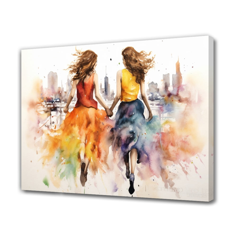 Two Vibrant Women Walk Hand In Hand Cityscape Watercolor Painting ...