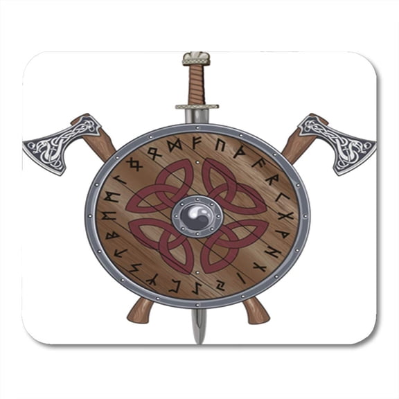 Two Viking Axe Sword End Shield Decorated Scandinavian Runes and Ornamental Mousepad Mouse Pad Mouse Mat 9x10 inch