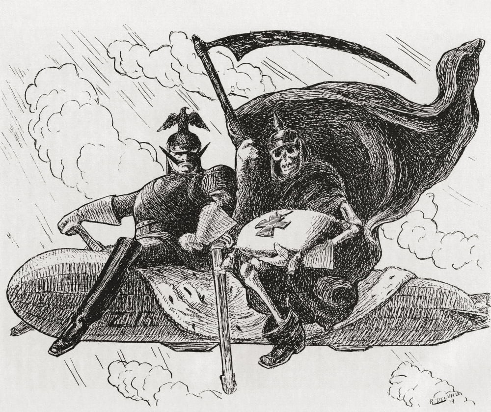 We Two The War Lord And His Ally A German Commander And A Skeleton Or Death Sitting On Top Of A Zeppelin From The Year 1914 Illustrated Canvas Art - Ken Welsh Design Pics (32 x 28)