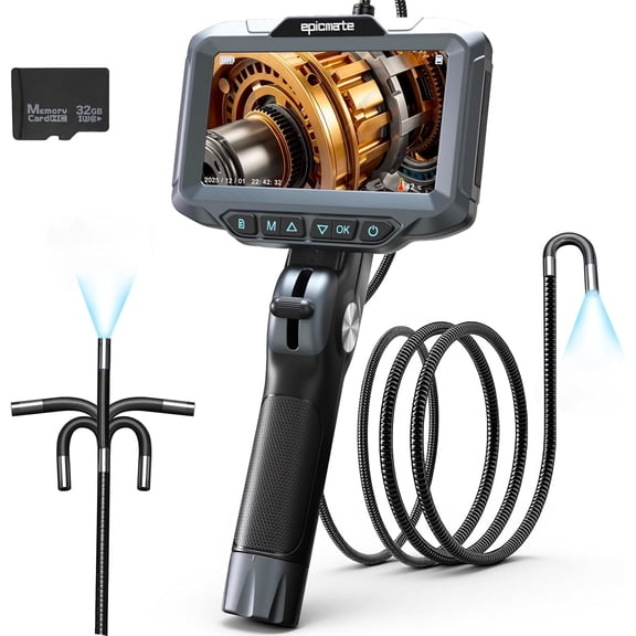 Two-Way Articulating Borescope, 1080P HD Endoscope Camera with 5" IPS Screen, IP67 Waterproof 0.23in Slim Probe Flexible Snake Adjustable Light, for Automotive Pipe Sewer Inspection 3.3FT