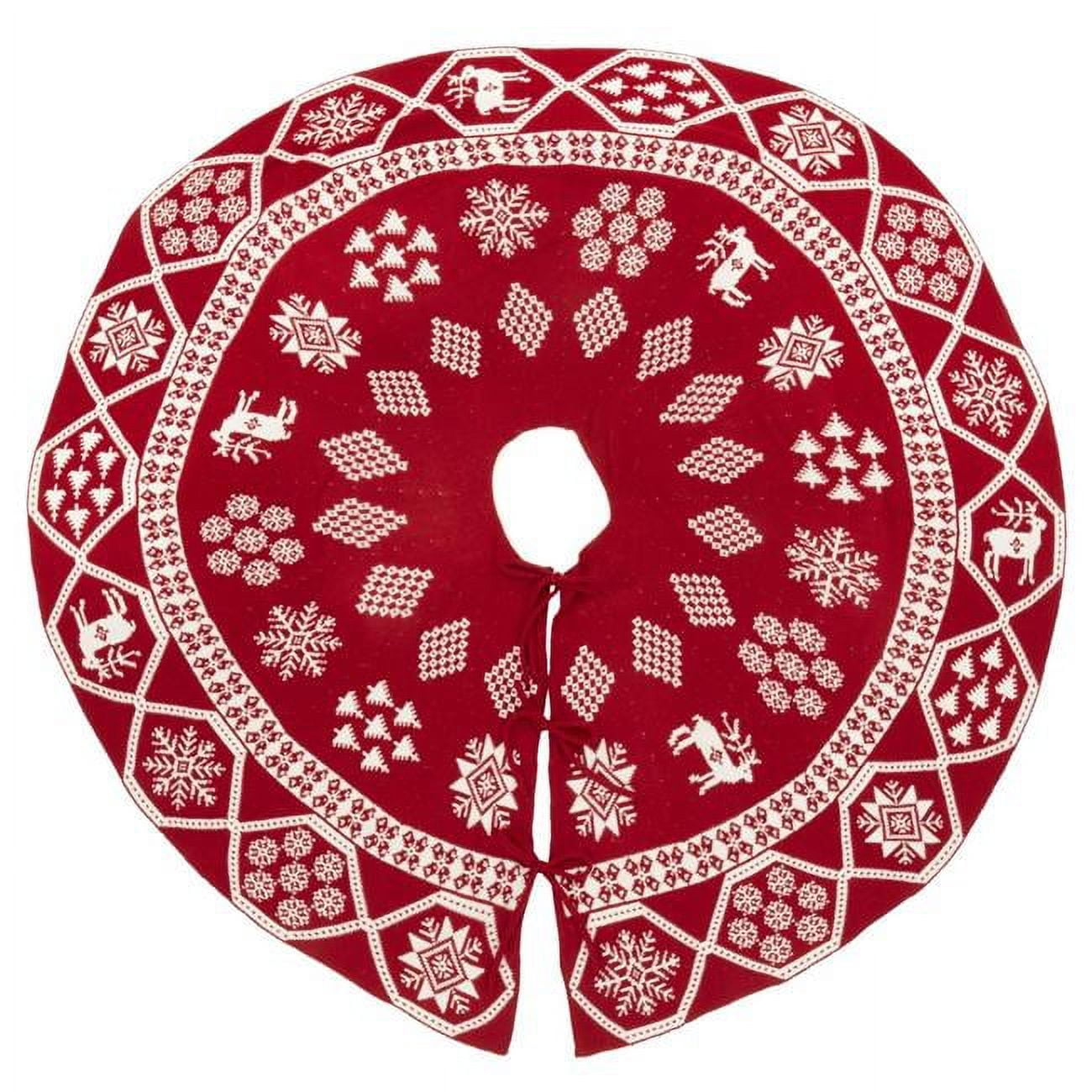 Red and White Knit Christmas Tree Skirt with Festive Patterns