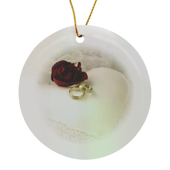 3drose, Two Wedding Rings and Red Trose on White Background, Circle Porcelain Ornament