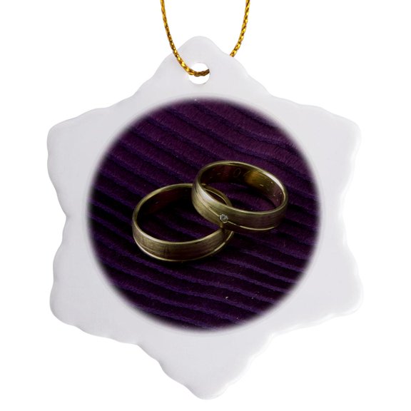 3drose, Two Wedding Rings on Violet Background, 3 inch Snowflake Porcelain Ornament