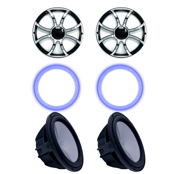 Two Wet Sounds Revo 10" Subwoofers, Grills, & RGB LED Rings - Black Subwoofers & Black Grills With Steel Inserts - 4 Ohm