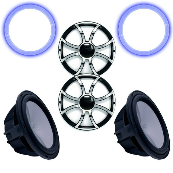 Two Wet Sounds Revo 12" Subwoofers, Grills, & RGB LED Rings - Black Subwoofers & Black Grills With Steel Inserts - 4 Ohm