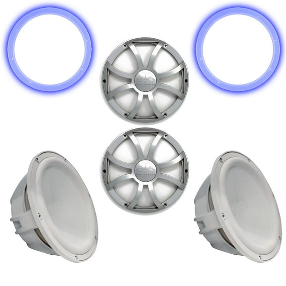 Two Wet Sounds Revo 12" Subwoofers, Grills, & RGB LED Rings - White Subwoofers & Silver XS Grills - 4 Ohm