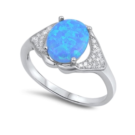 Two Whale Tails Holding An Oval Blue Simulated Opal Designer Ring Cubic Zirconia Sterling Silver 925