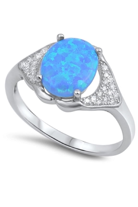 Two Whale Tails Holding An Oval Blue Simulated Opal Designer Ring Cubic Zirconia Sterling Silver 925