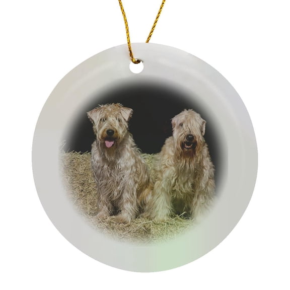 3drose, Two Wheaten Terriers on Hay Bales, Pr, Circle Porcelain Ornament