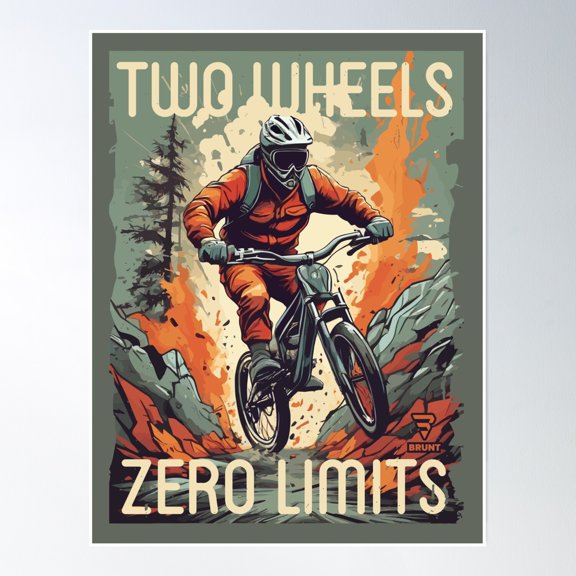 Two Wheels Zero Limits. Downhill Bike, Gift Cycling Cyclist Mountain Biker Poster Wall Art, Modern Wall Decor, 24x36 UNFRAMED