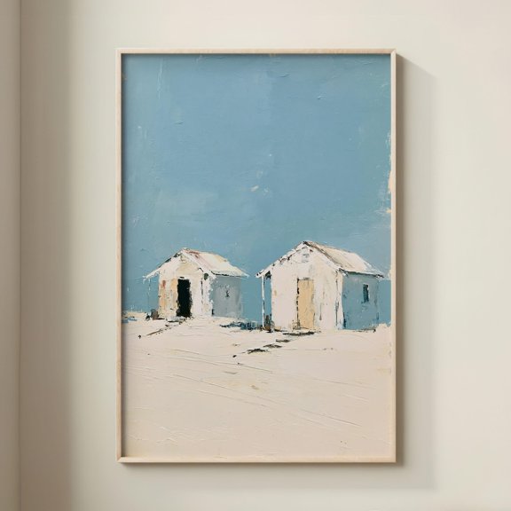 Two White Coastal Huts Minimalist Beach Artwork Print, Unframed Paper Print