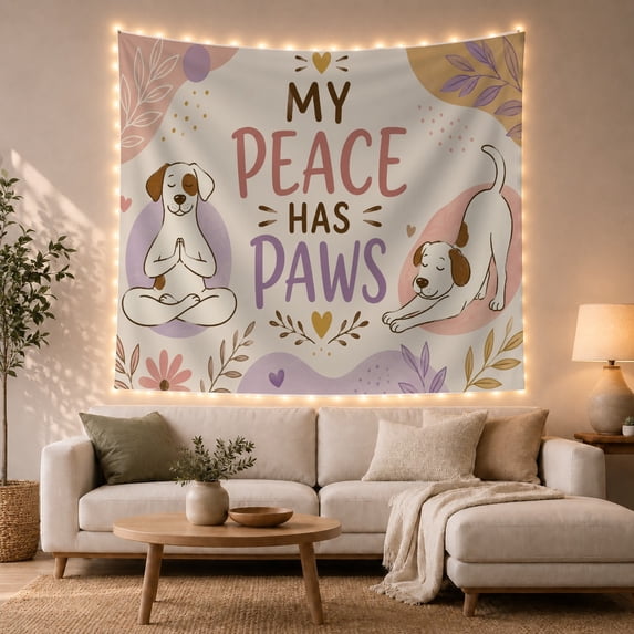 Two White Dogs with Brown Ears in Yoga Poses Against Pastel Backgrounds, Playful Illustration for Pet Lovers, Pet Themed Artwork Birthday Gift, Tapestry Wall Hanging for Bedroom and Living Room