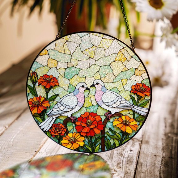 Two White Doves Marigold Glass Suncatcher, Wedding Couple Gift, 3.5 in