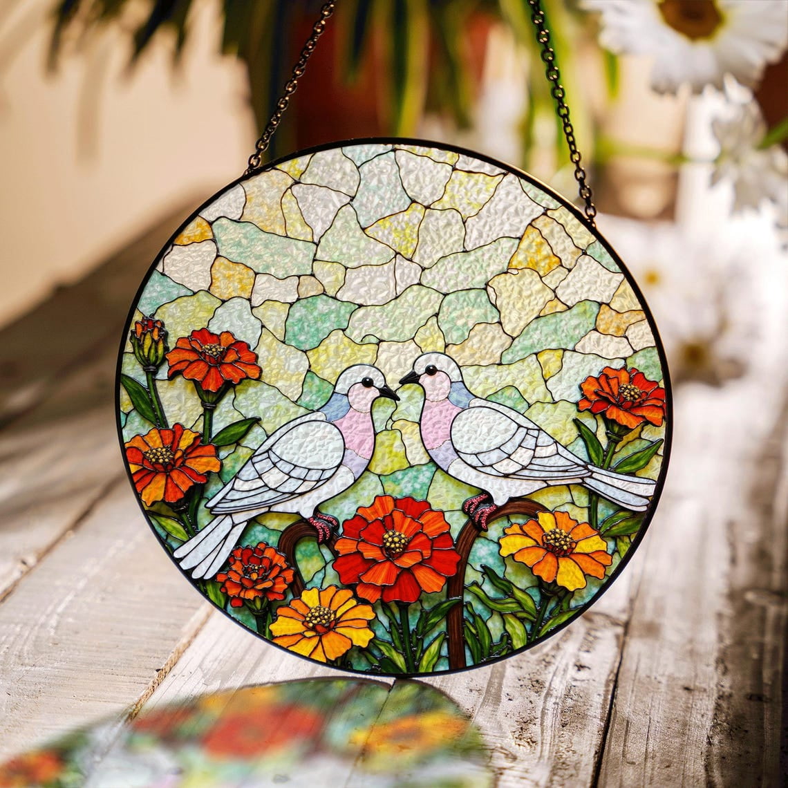 Two White Doves With Marigold Flowers Glass Suncatcher For Wedding ...