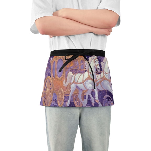 Two White Horse and Pumpkin Carriage Halloween Short Server Apron with 3 Pockets for Unisex Chef Gardening