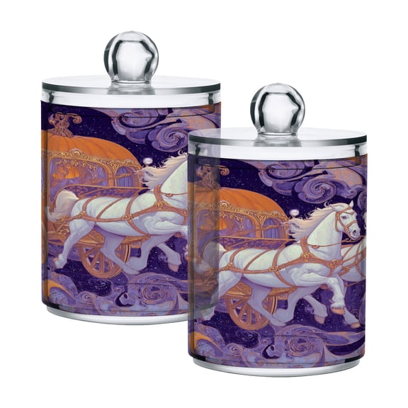 Two White Horse and Pumpkin Carriage Halloween Translucent Plastic Cans Storage Canisters with Lid Set of 2