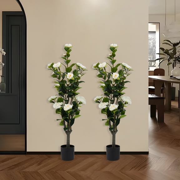 Two White PE Artificial Tea Rose Trees With a Height Of 97cm Were Potted With Artificial Tea Roses
