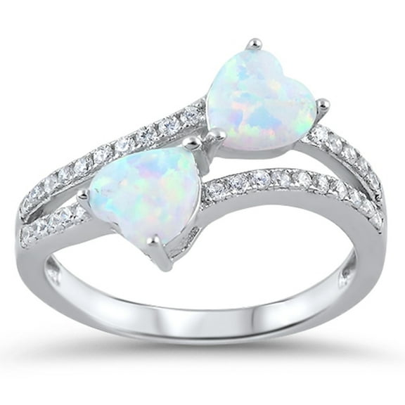 Two White Simulated Opal Hearts Ring Sterling Silver