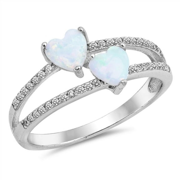 Two White Simulated Opal Hearts Sided With Cubic Zirconia Stones Ring Sterling Silver Size 10