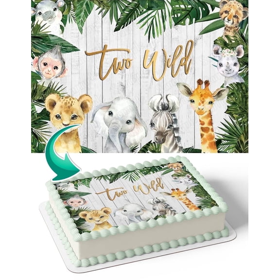 Two Wild Baby Jungle Safari Animals Edible Image Icing Cake Topper for Quarter Sheet Cake, by TNCT