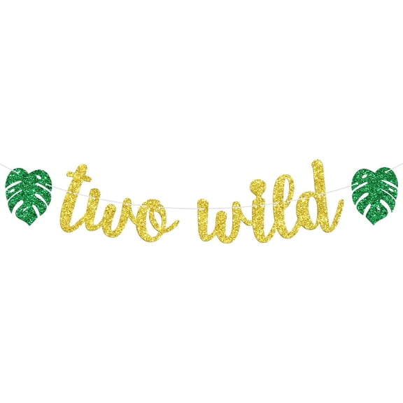Two Wild Banner, Baby Boys Girls 2nd Birthday Banner, Glittery Jungle Wild Safari Zoo Themed Happy 2nd Birthday Party Decorations Supplies