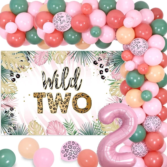 Two Wild Birthday Decorations Girl, Pink Leopard Birthday Decorations Balloons Garland Arch Kit, Wild Two Backdrop Pink Leopard Balloons Pink 2 Foil Balloon for Girl 2nd Birthday Party Supplies