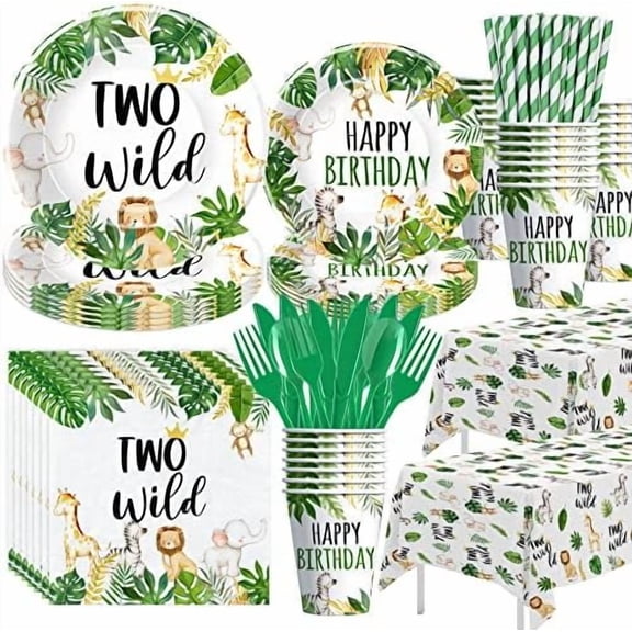 Two Wild Birthday Decorations Tableware - Jungle Animal Party Supplies For Safari 2nd Birthday Decorations, Plate, Cup, Napkin, Tablecloth, Cutlery, Straw | Serves 24$$Home Decor, Kitchen, & Other
