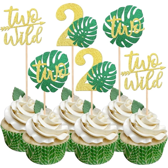 Two Wild Cupcake Toppers, Glitter Monstera Leaf Picks, Green and Gold, 2nd Birthday Party Decorations, Jungle Safari Theme, 12 Count