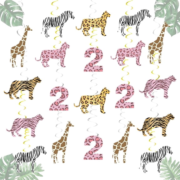 Two Wild Hanging Decorations for Girls 2nd Birthday, Jungle Safari Party Swirls Include Animal Print Ceiling Decor, Number 2 Hanging Swirls for Woodland Tropical Cheetah Theme Party
