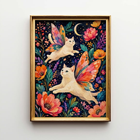 Two Winged Cats And Gouache Fantasy Floral Cat Poster Unframed Paper Print