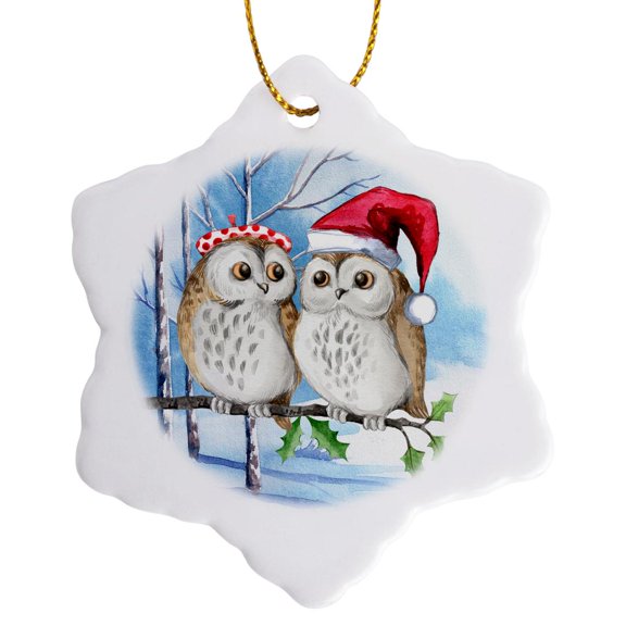 3drose, Two Winter Owls Dressed for the Holidays with Birch Tree Forest, 3 inch Snowflake Porcelain Ornament