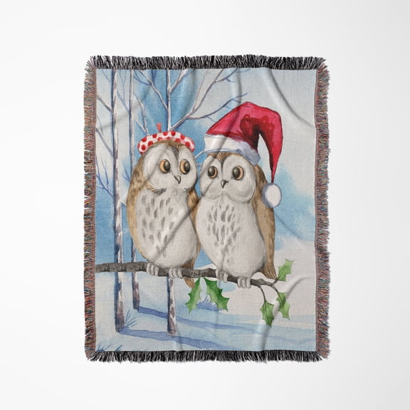 Two Winter Owls Dressed For The Holidays With Birch Tree Forest, Woven Blanket