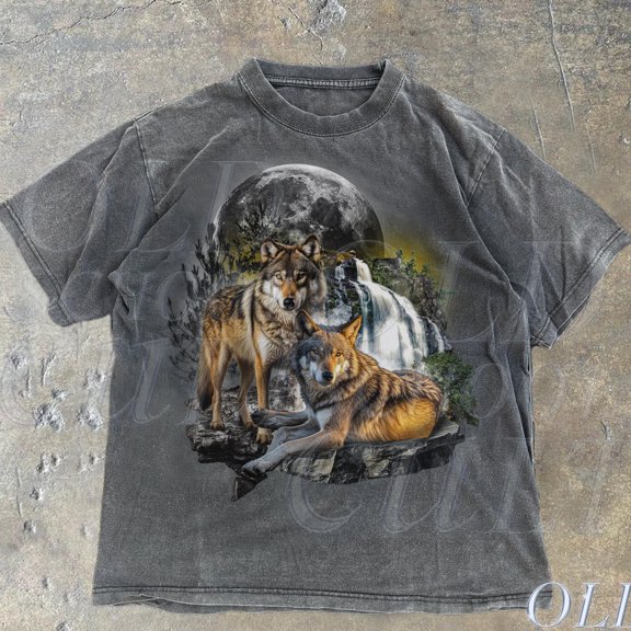 Two Wolf Mystical Nature Forest Moon Vintage Graphic T-Shirts, Vintage Wolf Nature Tshirt, Wolf Lovers, Alpha Wolf Graphic 90S Tee DARK HEATHER Unisex S-5XL Hot Trending Shirt, Vintage Birthday Gift