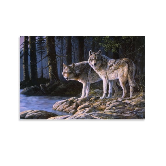 Two Wolfs Stand On River Bank Forest Wall Art Painting Canvas Art Poster And Wall Art Picture Print Modern Family Bedroom Decor Posters,Unframe-style,12x18inch(30x45cm)