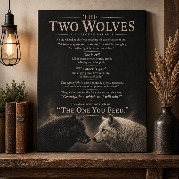 Two Wolves Cherokee Parable Wall Art Print, Unframed Paper Poster 24x36in