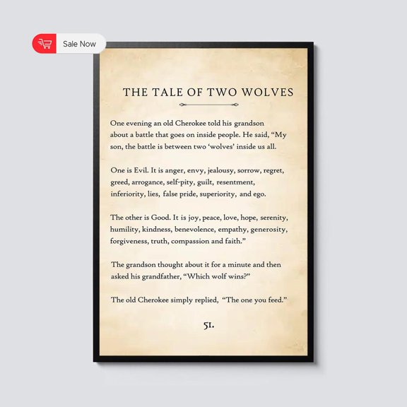 Two Wolves Cherokee Quote Book Page Inspirational Native Wisdom Wall Art Typography