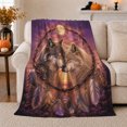 thumbnail image 1 of Two Wolves under Full Moon with Feathers and Circle, Mystical Wildlife Motif for Wolf Lovers, Anniversary Gift, Cozy Flannel Blanket for Cabin and Bedroom, Rustic Home Decor, 1 of 9