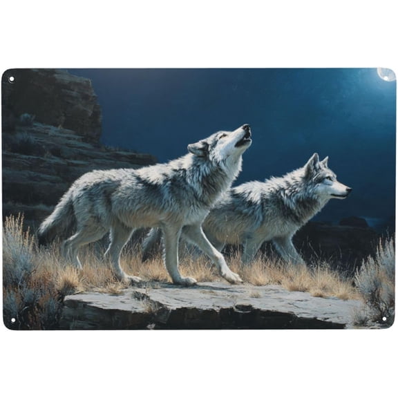 Two Wolves Howling at Moon Metal Tin Sign, Wilderness Animal Wall Art Plaque, Night Sky Aluminum Poster for Home Decor or Man Cave, 8x12 Inch