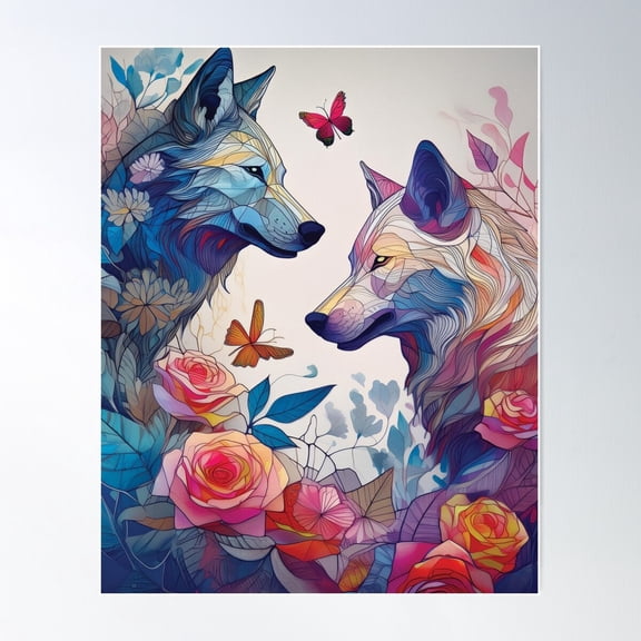 Two Wolves In Florals, Flowers, Roses And Watercolour Butterflies Poster Wall Art, Modern Wall Decor For Living Room Bedroom, 24x36 UNFRAMED