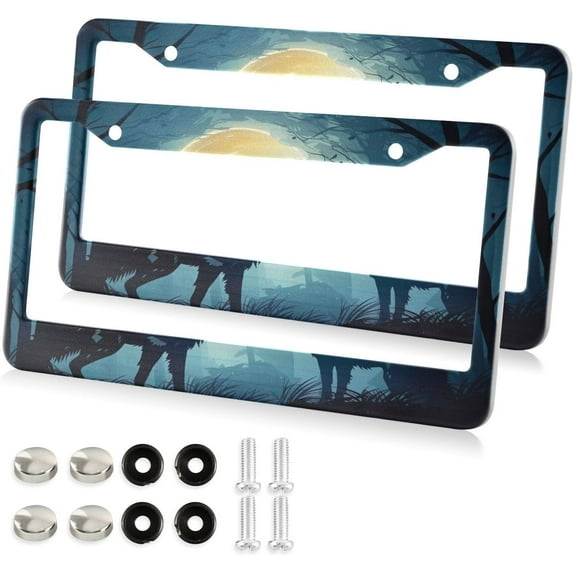 Two Wolves License Plate Frame, Aluminum Car Tag Frames, 2 Pack Universal Car License Plate Covers with 2 Holes and Screws Decorative