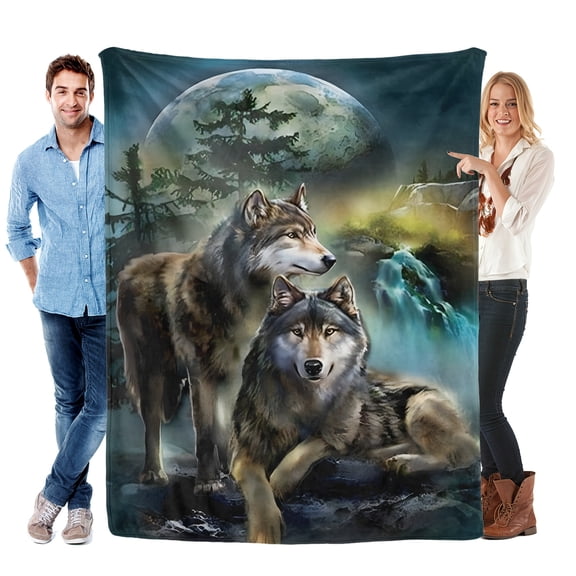 Two Wolves In The Mountains On A Moonlit Night Pattern Flannel Throw Blanket Warm Soft Lightweight Suitable For Sofa Travel Camping Living Room Office Couch Chairs And Beds All Year Round!