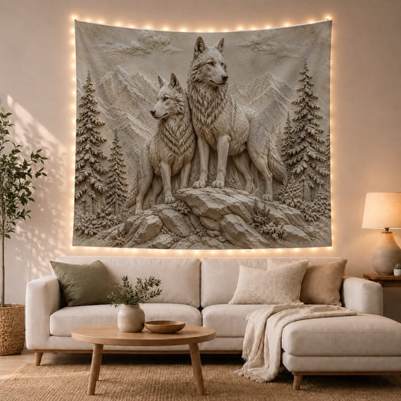 Two Wolves Standing on Rocks in a Pine Forest, Majestic Rustic Style for Wildlife Fans, Nature Wall Art, Housewarming Gift, Tapestry Wall Hanging for Bedroom and Cabin
