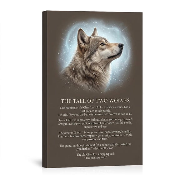 Two Wolves Tale Inspirational Quote Serene Wolf Cherokee Story Home Motivational Canvas