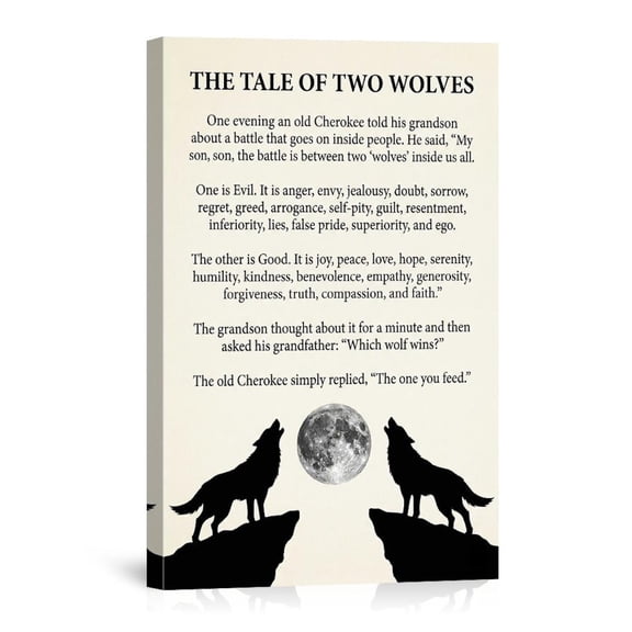 Two Wolves Tale Spiritual Wolf Wisdom Rustic Cabin Inner Battle Nature Artwork Home Canvas