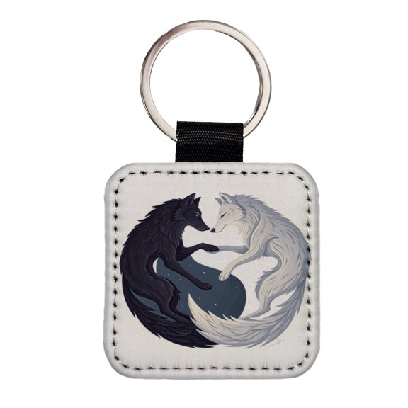 Two Wolves Yin Yang Black White Faux Leather Square Keychain